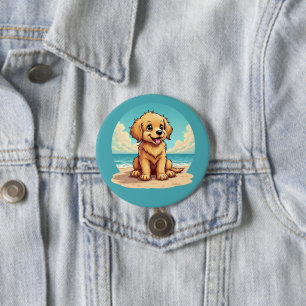 Cute Golden Puppy at Sunny Beach Scene 3 Inch Round Button