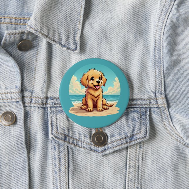 Cute Golden Puppy at Sunny Beach Scene 3 Inch Round Button (In Situ)