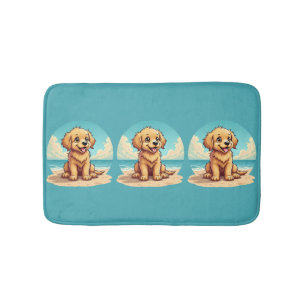 Cute Golden Puppy at Sunny Beach Scene Bath Mat