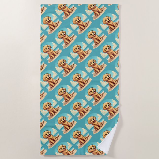 Cute Golden Puppy at Sunny Beach Scene Beach Towel (Front)