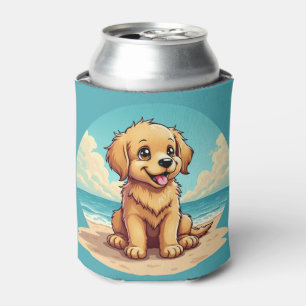 Cute Golden Puppy at Sunny Beach Scene Can Cooler