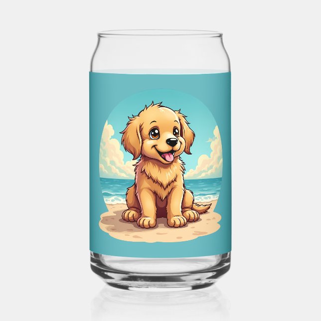 Cute Golden Puppy at Sunny Beach Scene Can Glass (Front)