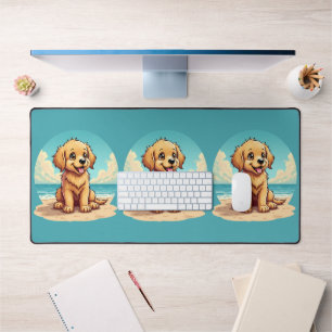 Cute Golden Puppy at Sunny Beach Scene Desk Mat