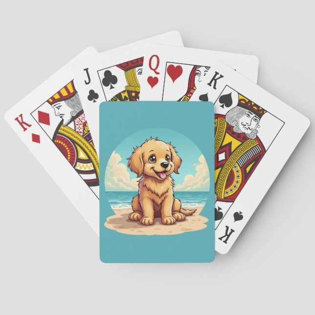 Cute Golden Puppy at Sunny Beach Scene Playing Cards (Back)