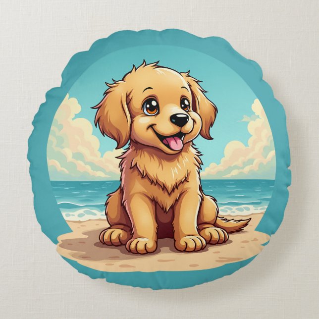 Cute Golden Puppy at Sunny Beach Scene Round Pillow (Front)