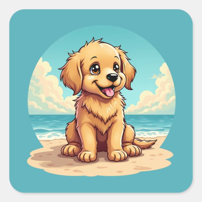 Cute Golden Puppy at Sunny Beach Scene Square Sticker (Front)