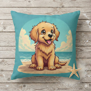 Cute Golden Puppy at Sunny Beach Scene Throw Pillow