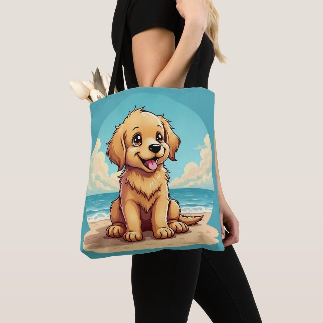 Cute Golden Puppy at Sunny Beach Scene Tote Bag (Close Up)