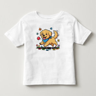 Cute Golden Puppy Chasing Red Ball Playful Toddler T-shirt