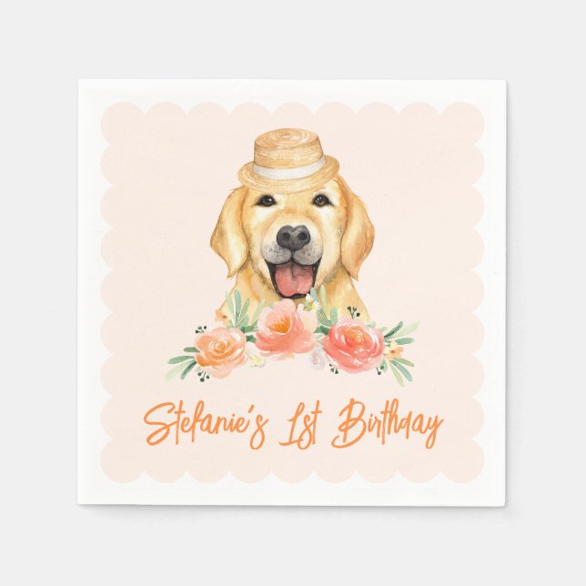 Cute Golden Retriever and Peach Flowers Birthday Napkin (Front)