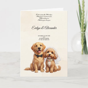 Cute Golden Retriever Bride and Groom Pink Floral  Card