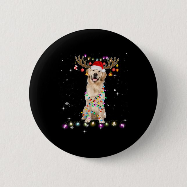 Cute Golden Retriever Christmas Lights Reindeer 2 Inch Round Button (Front)