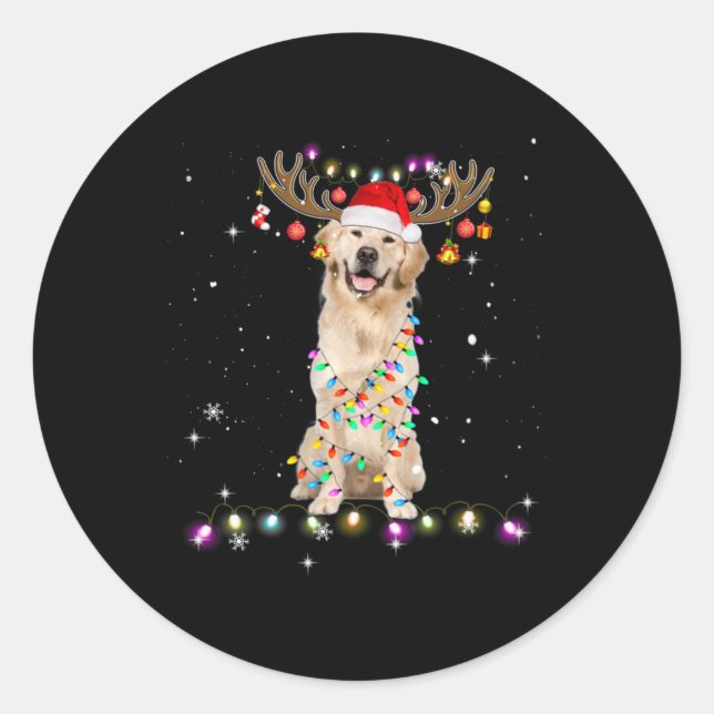 Cute Golden Retriever Christmas Lights Reindeer Classic Round Sticker (Front)