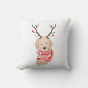 Cute Golden Retriever Christmas Sweater Antlers Throw Pillow