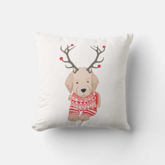 Cute Golden Retriever Christmas Sweater Antlers Throw Pillow (Front)