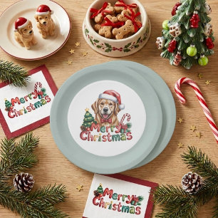 Cute Golden Retriever Dog Christmas Paper Plate