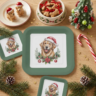 Cute Golden Retriever Dog Christmas Paper Plate