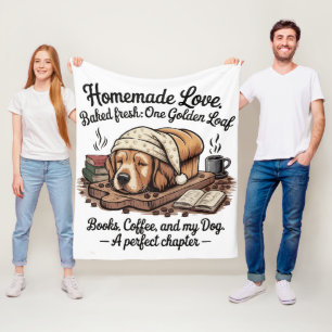Cute Golden Retriever Dog Loaf Books & Coffee Fleece Blanket