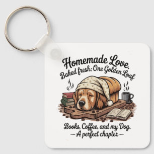 Cute Golden Retriever Dog Loaf Books & Coffee Keychain