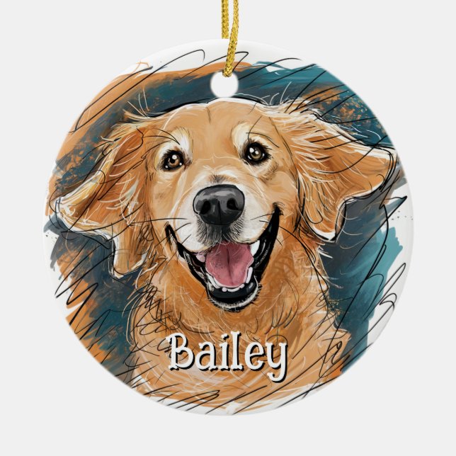 Cute Golden Retriever Dog Personalized Christmas Ceramic Ornament (Front)