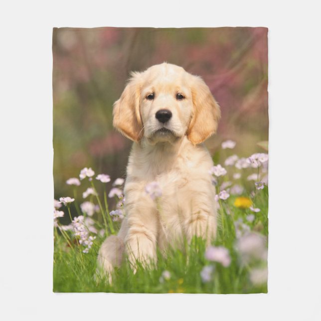 Cute Golden Retriever Dog Puppy in Flowers Fleece Blanket (Front)