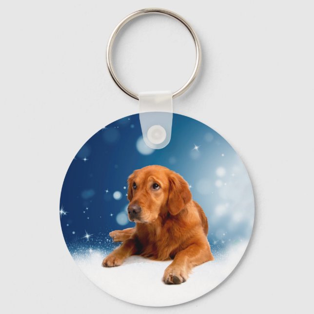 Cute Golden Retriever Dog Sitting in Snow Stars Keychain (Front)