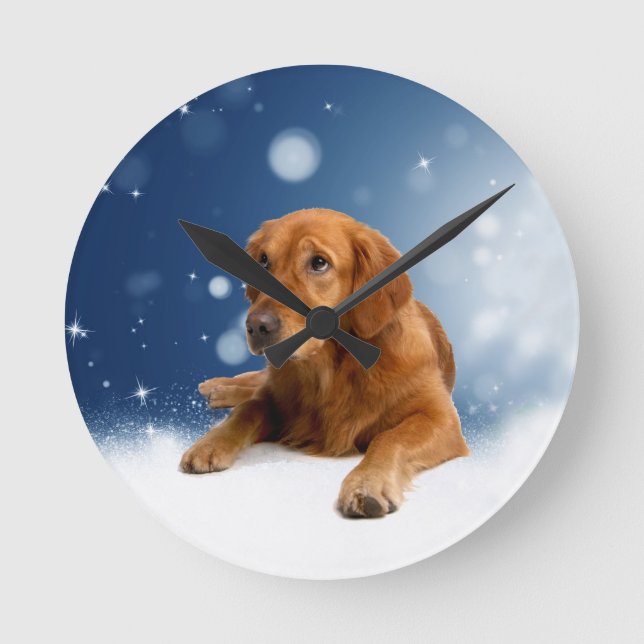 Cute Golden Retriever Dog Sitting in Snow Stars Round Clock (Front)