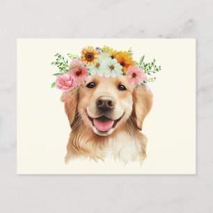 Cute Golden Retriever Dog with Flowers Postcard