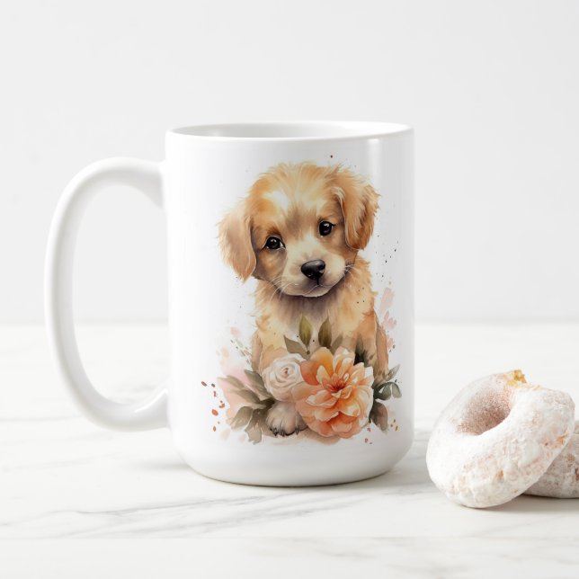 Cute Golden Retriever Gift Watercolor Puppy Dog Coffee Mug (With Donut)