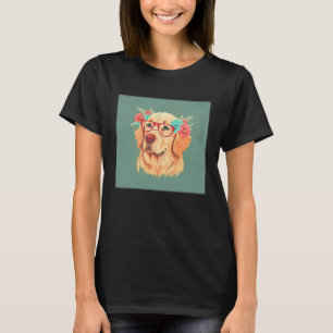 Cute Golden Retriever Illustration Floral Glasses T-Shirt
