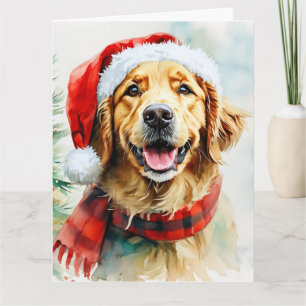 Cute Golden Retriever in a Santa Hat Watercolor Card