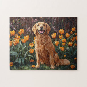 Cute Golden Retriever in a Tulip Garden Jigsaw Puzzle