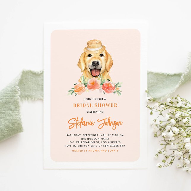 Cute Golden Retriever Peach Floral Bridal Shower Invitation (Creator Uploaded)