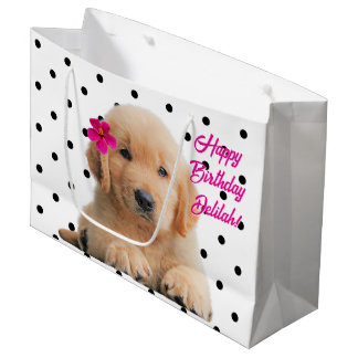 Cute Golden Retriever Personalized Happy Birthday Large Gift Bag