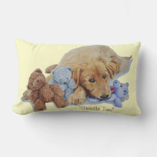 cute golden retriever puppy cuddling teddy bears lumbar pillow