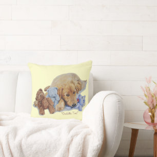 cute golden retriever puppy cuddling teddy bears throw pillow