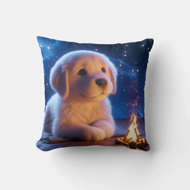 Cute Golden Retriever Puppy Under Starry Night Sky Throw Pillow (Front)