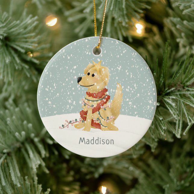 Cute Golden Retriever Winter Christmas Ceramic Ornament (Tree)