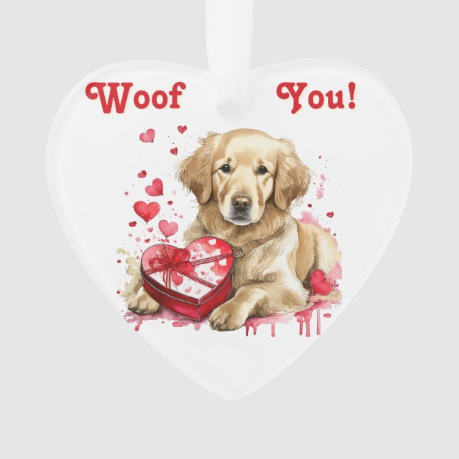 Cute Golden Retriever with Heart Box for Dog Lover Ornament (Front)