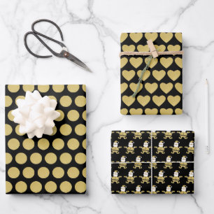 Cute Golden Santa Dots And Hearts Wrapping Paper Sheet