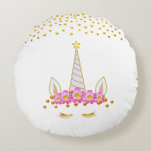 Cute Golden Unicorn, Flowers & Gold Confetti Round Pillow