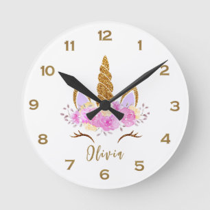 Cute Golden Unicorn Personalized  Round Clock