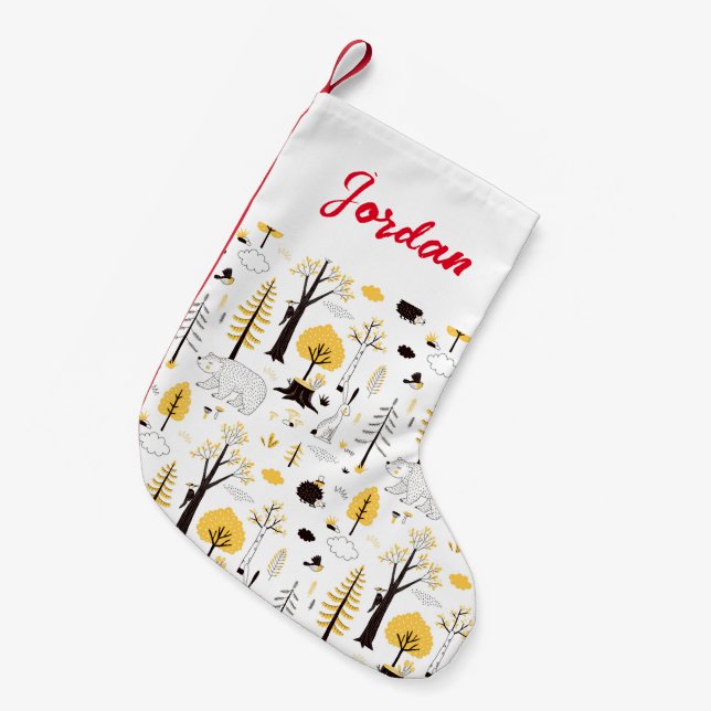 Cute Golden Woods Scene Pattern Small Christmas Stocking (Front (Hanging))
