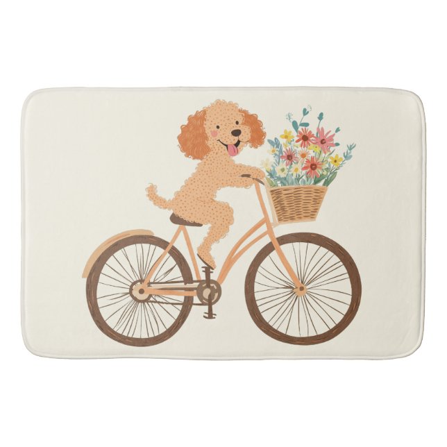 Cute Goldendoodle Dog Biking Spring Flowers Bath Mat (Front)