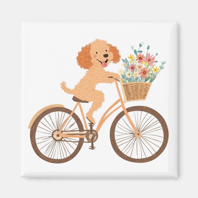 Cute Goldendoodle Dog Biking Spring Flowers Magnet (Front)