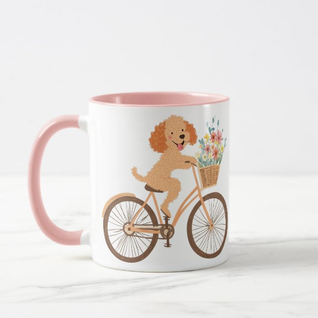 Cute Goldendoodle Dog Biking Spring Flowers Mug (Left)