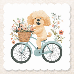 Cute Goldendoodle Dog Biking Spring Flowers Paper Coaster