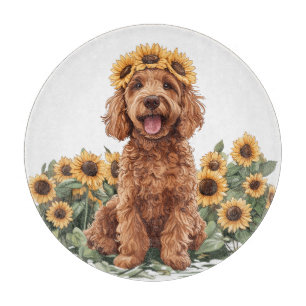 Cute Goldendoodle Dog Wearing A Sunflower Crown Cutting Board