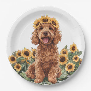 Cute Goldendoodle Dog Wearing A Sunflower Crown Paper Plate