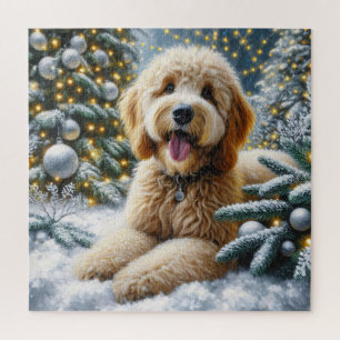 Cute Goldendoodle Dog Winter Wonderland Jigsaw Puzzle